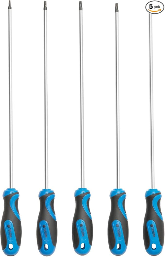 ROTATION Extra Long Torx Screwdrivers Set (5pc Set), S2 Steel, blade length 12-inch T15-T30, plus Long star Screwdrivers, 5-Piece Set