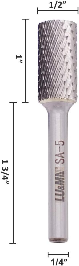 LU&MN SA-5 Tungsten Carbide Burr Cylinder Shape Double Cut Rotary Burr File(1/2??Cutter Dia X 1?쒬utter Length) with 1/4'' Shank Dia,3PCS