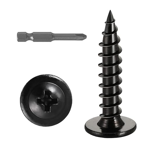 #10 x 1 (100 PCS) Modified Truss Head Wood Screws, Phillips Drive Quick Metal Self Tapping Screws, Black Coating, Full Thread, Screwdriver Bit Included