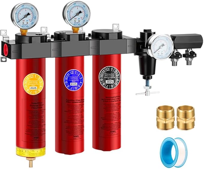 NANPU ZPA-R 3-Stage Air Filtration System with Regulator ??Sintered, Fine & Activated Carbon Filters, 3/8" NPT Inlet, 1/4" NPT Outlet, 127 CFM @ 6 bar, 218 PSI Max, Metal Housing, Auto Drain