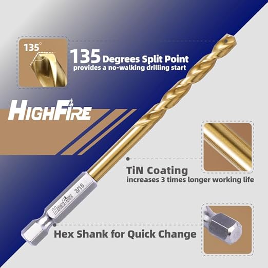 HIGHFIRE 5/16" 135 Degrees Split Point Drill Bits, Hex Shank Twist Drill Bits, DIY Purpose Drill Bit Set, HSS Titanium Drill Bit, Hex Drill Bits for Steel (Pack of 6 Identical Pcs)