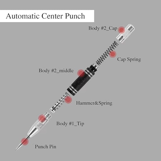 Automatic silver-Black Center Punch, 5 inches, Suitable for Glass, Wood, Plastic, Various Metals竊똕pring Impact Center Marker Tool,2PCS