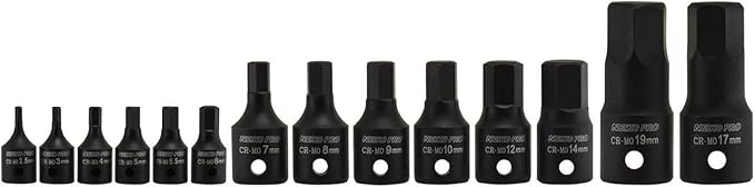 NEIKO 01141B Allen-Bit Socket Set, Metric Socket Set, 2.5 mm to 19 mm, 1/4-Inch, 3/8-Inch, and 1/2-Inch Drive, CrMo Steel, Impact-Grade, 14-Piece Set
