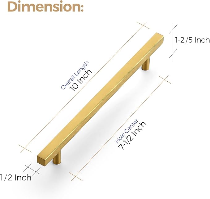 Ravinte 20 Pack 7-1/2 Inch Cabinet Pulls Gold Sqaure Kitchen Cabinet Handles Gold Cabinet Hardware Stainless Steel Drawer Pulls 10 Inch Overall Length with Mounting Template
