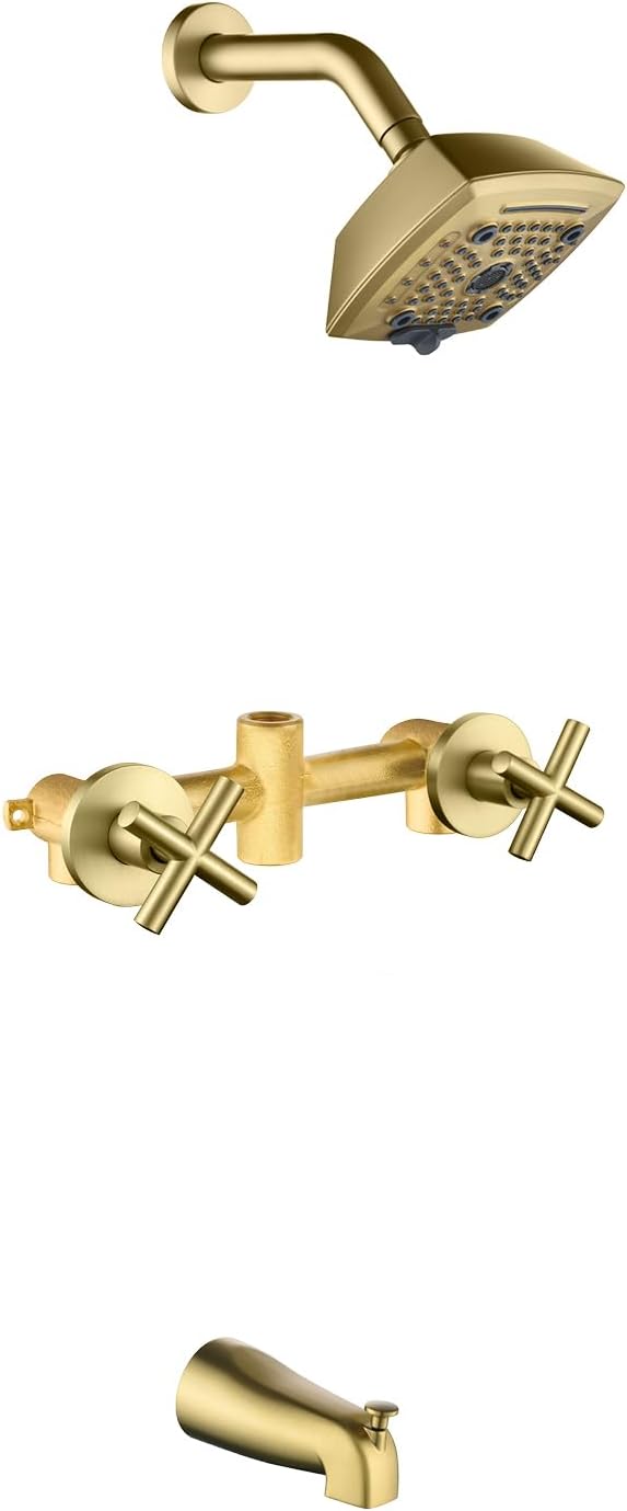 2 Handle Shower Faucet Set with Tub Spout 6-Spray Shower Head and Handle Set Shower Trim Kit with Rough-in Valve Bathroom Shower Faucet Valve Trim Kit Brushed Gold