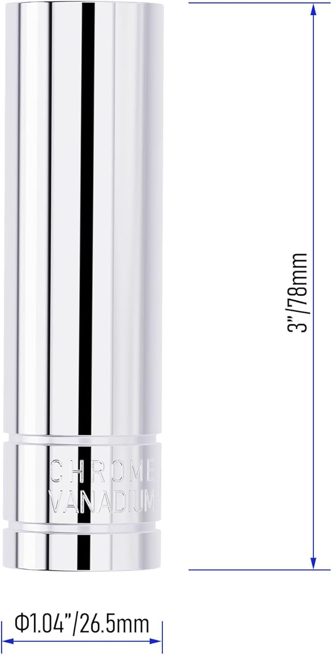 19mm(3/4-Inch) Deep Socket, 1/2 Inch Drive, 6-Point, Metric, Heat Treated CR-V Steel Sockets, Full Polishing, 3.1 Inch Length