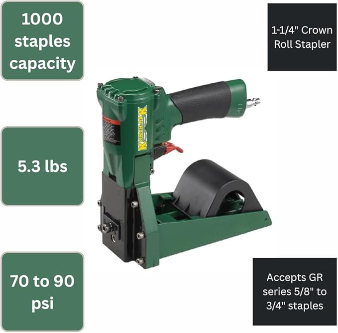 Klinch-Pak KP-GR1, Pneumatic Roll GR1 1-1/4" Crown Stapler Accepts K-GR1 Series 5/8" to 3/4" Staples, Ideal for Folding Boxes, Complete Overlap and More
