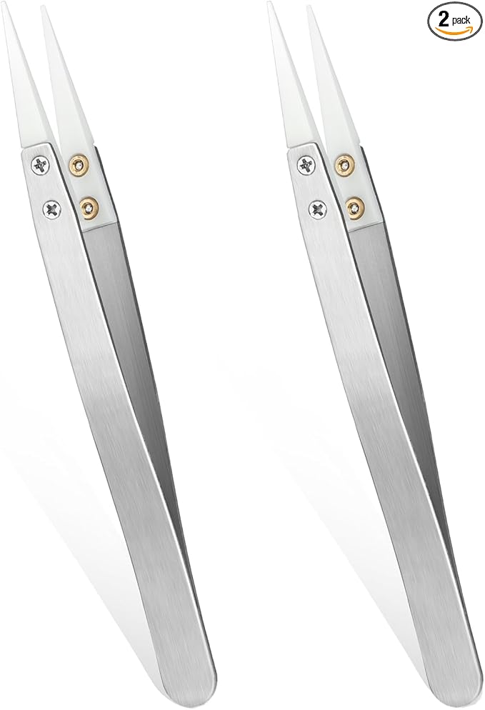 Ceramic Tweezers, 2pcs Stainless Steel Ceramic Precision Tweezers for Electronics, Non-Conductive Anti Static High Temperature Resistant Fine Point Tweezers for Precision Electrical Operation