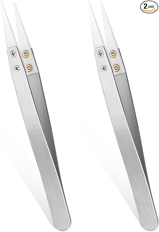 Ceramic Tweezers, 2pcs Stainless Steel Ceramic Precision Tweezers for Electronics, Non-Conductive Anti Static High Temperature Resistant Fine Point Tweezers for Precision Electrical Operation