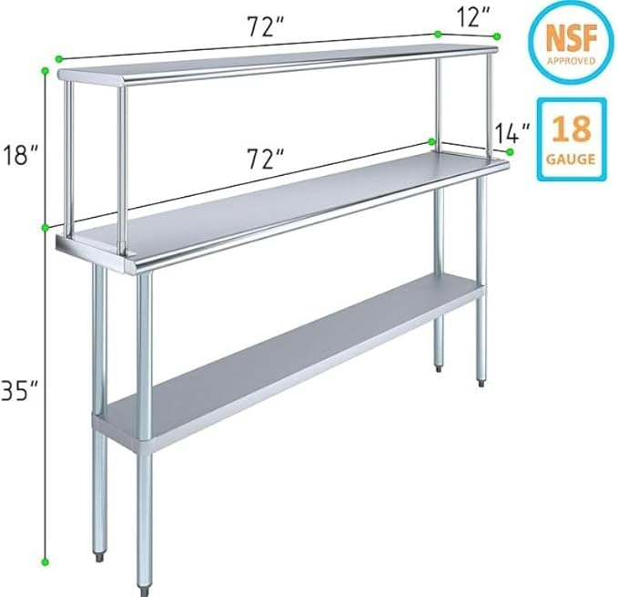 Stainless Steel Work Table with Wide Single Tier Overshelf | Metal Kitchen Prep Table & Shelving Combo (14" x 72" Work Table + 12" Overshelf)