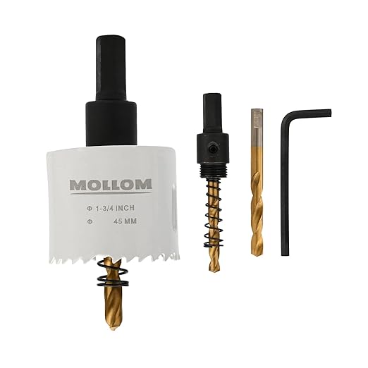 Mollom (45mm | 1-3/4") HSS M42 with 8% Cobalt BI-Metal Hole Saw with 2 Pilot Drill Bits & Arbor Smooth Cutting for PVC,Drywall,Wood,Plastic,Gypsum Board,Rubber