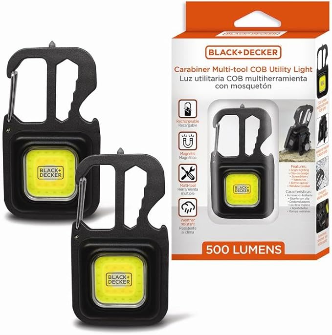 BLACK+DECKER Multi-Tool Flashlight 2-Pack, 500LM Carabiner USB Rechargeable Multitool with Wrench, Screwdrivers, Bottle Opener, Glass Breaker, Magnetic, Stand, IP44 Weather-Resistant, 7 Light Modes