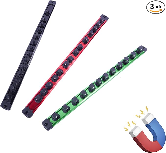 Magnetic Socket Holder Organizer Set: 3-Piece 1/4, 3/8, 1/2 Drive Socket Trays Socket, 360째 Swivel Clips Socket Holder Kit, For Automotive Mechanic Garage (Black Red Green)