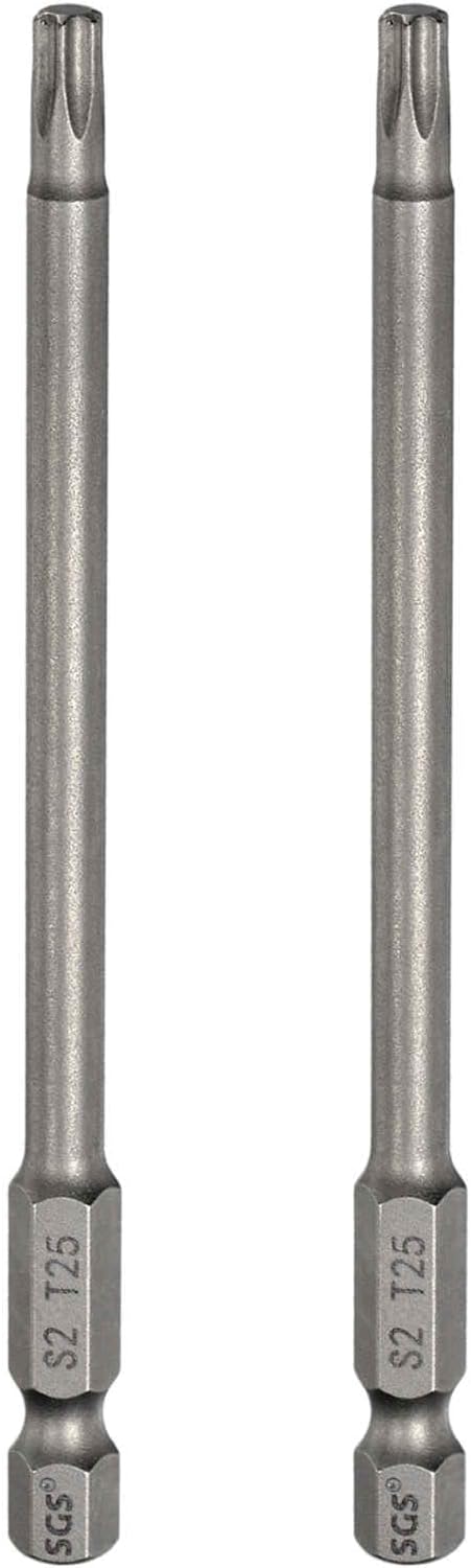 HARFINGTON 2pcs T25 Torx Head Screwdriver Bit 1/4" Hex Shank 4" (100mm) Long Magnetic No Hole Tip Tamper Proof 6 Point Star Screw Driver Drill Bits S2 Steel Industrial Power Screwdrivers