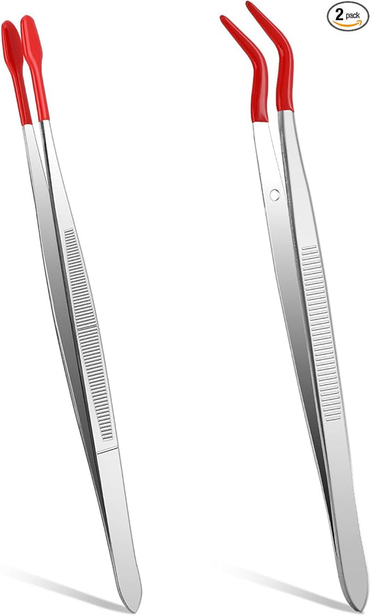 Rubber Tipped Tweezers, 2 Pcs PVC Coated Precision Tweezers Hobby Craft Tweezers Set, Long Bent and Straight Flat Tip Tweezers for Crafts Stamps Coin Beads Jewelry Industrial Electronic Lab (Red)