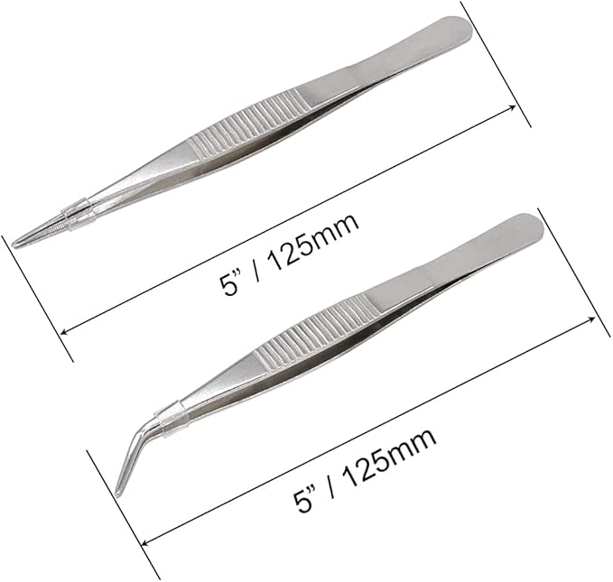 5 Inch Stainless Steel Tweezers with Straight and Curved Serrated Tip Multipurpose Forceps for Craft Repairing 2 Pack