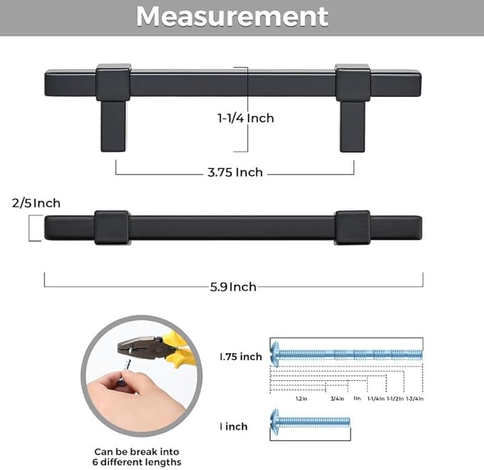 3 Pack Black Cabinet Handles - 3-3/4" Hole Center Cabinet Pulls Matte Black Drawer Pulls Cabinet Hardware Kitchen Handles for Cabinets
