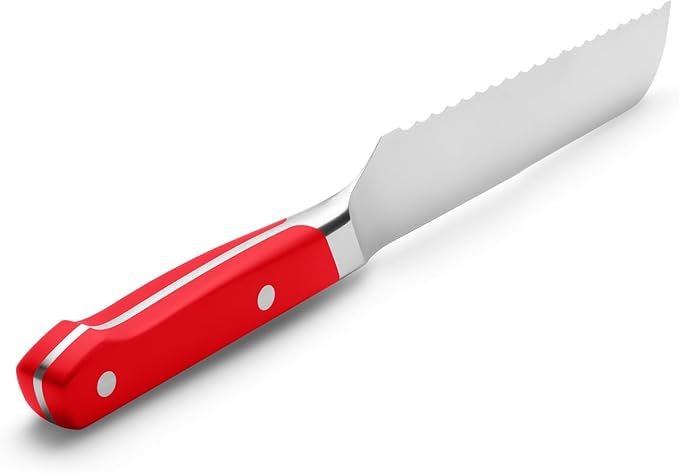 Misen Serrated Bread Knife - High-Carbon Japanese AUS8 Steel - Perfect for Soft Foods, Bread, Pastries, and Fruits - Verstatile Slicer, Razor-Sharp Edge, Durable Blade, Ergonomic Handle - 5", Red