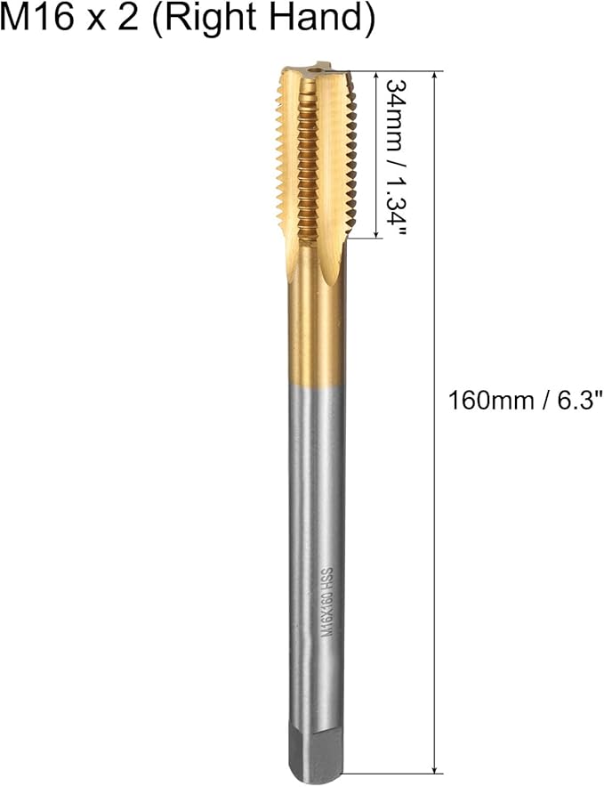 uxcell Metric Thread Tap M16 x 2 H2 160mm Straight Flute Screw Thread Milling Machine Taps Threading Tapping Repair Tool