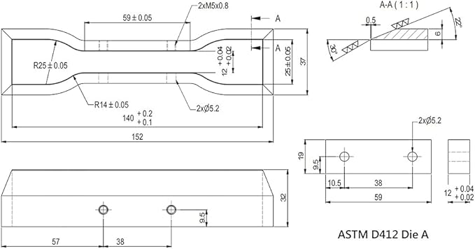 Dumbbell and Straight Section Shape Cutter for ASTM/ISO/JIS Standards for Rubber Specimen Test utilizing Tensile Testing Machine Made by Wire-Cut EDM and Quenching (ASTM D412 Die A)