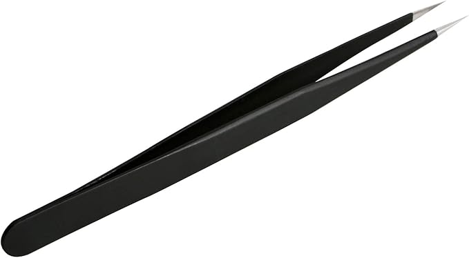 Aoje-Link ESD-11 Professional Anti-Static Precision Technology Tweezers, Non-magnetic Fine Tip Straight, Stainless Steel Plastic Coated, Full Length 142mm, Black, 5pcs