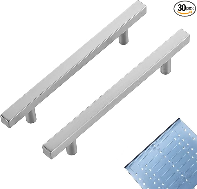 Ravinte 30 Pack 5 Inch Cabinet Pulls Brushed Nickel Sqaure Kitchen Cabinet Handles Silver Cabinet Hardware Stainless Steel Drawer Pulls 7-3/8 Inch Overall Length with Mounting Template