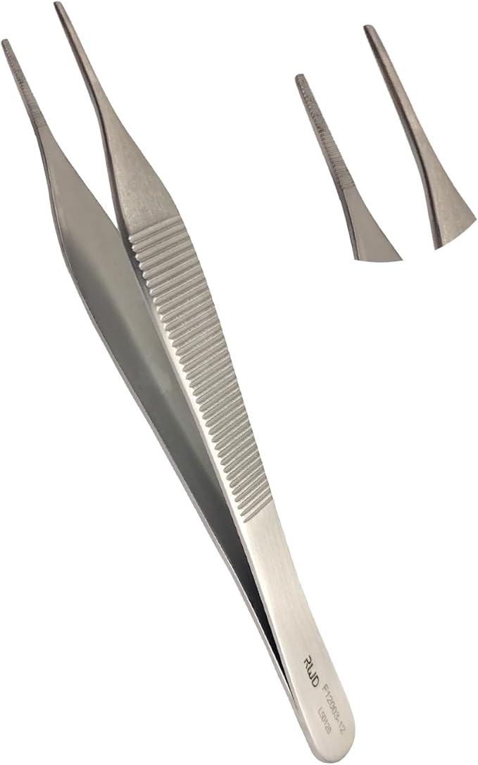 RWD ADSON Dressing Forceps 4.7", 1.5mm Width Serrated Straight Tip, Martensitic Stainless Steel Micro Forceps Tweezer, Surgical Tweezer for High-Precision Handling (F12003-12)(Optimized of F12032-11)