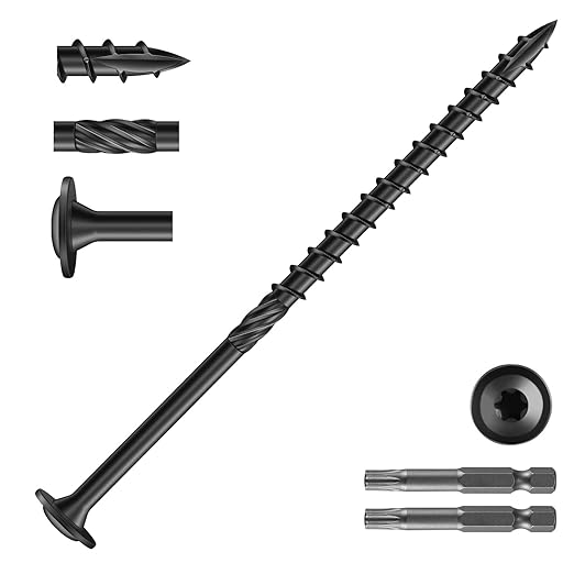 #14 x 5 Inch Lag Screws (285Pcs) 10lb. Structural Wood Screw, Black, Carbon Steel, Washer Head, Rust Resistant epoxy Coated, T30 Star Bit