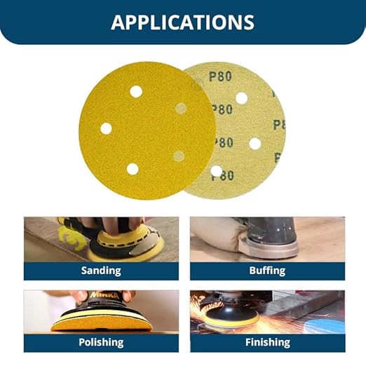 Benchmark Abrasives 5 Inch Sanding Discs Hook and Loop, Aluminum Oxide Stearated Gold 5 Holes Adhesive Sandpaper for Surface Blending, Automotive - Orbital Sander Sandpaper (50 Discs), 150 Grit