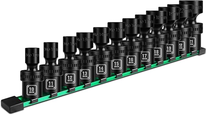 BLACKROBOT 3/8" Drive Shallow Universal Impact Socket Set, 12PCS 6 Point Metric Swivel Socket set(10-22mm), CR-MO Steel, Includes Storage Rail