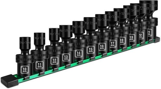 BLACKROBOT 3/8" Drive Shallow Universal Impact Socket Set, 12PCS 6 Point Metric Swivel Socket set(10-22mm), CR-MO Steel, Includes Storage Rail