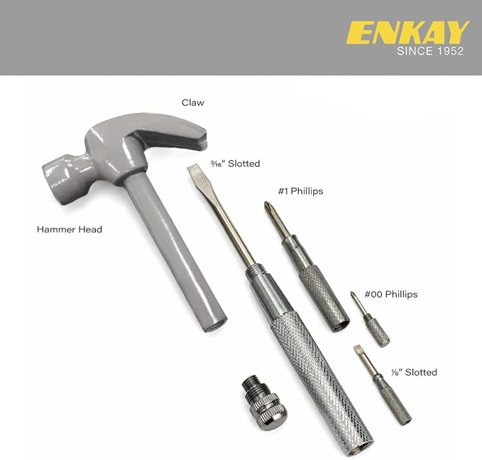 ENKAY - 6 in 1 Gray Hammer and Screwdriver, Multifunction Claw Hammer Tool with Color Print (Gray)