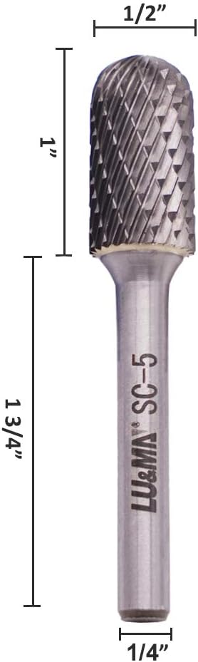 LU&MN Tungsten Carbide Burr Cylinder Shape SC-5 with Radius End Double Cut Rotary Burr File (1/2" Cutter Dia X 1"Cutter Length) with 1/4'' shank,3PCS
