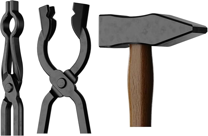8PCS Blacksmith Tongs and Blacksmith Hammer,Z V-Bit,3/8,1/2,5/8inch V-Bit Bolt,V-Bit Bolt,Pick Up,V-Bit Bolt with A3 Steel Rivets and Assembled Blacksmithing Tongs for Forging Tools and Equipment