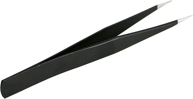 Aoje-Link ESD-16 Professional Anti-Static Precision Technology Tweezers, Non-magnetic Straight Pointed Tip, Stainless Steel Plastic Coated, Full Length 125mm, Black, 2pcs