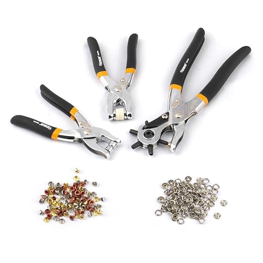 Hoteche 3-in-1 Leather Belt Hole Punch + Eyelet Plier + Snap Button Grommet Setter Tool Kit for Fabric, Shoes,Leather, Clothes, Belt
