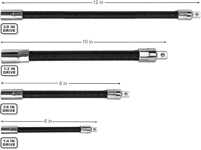 4-Piece Flexible Socket Extension Bar Set 1/2" 1/4" 3/8" Shaft Drive 12??0" 8" 6"