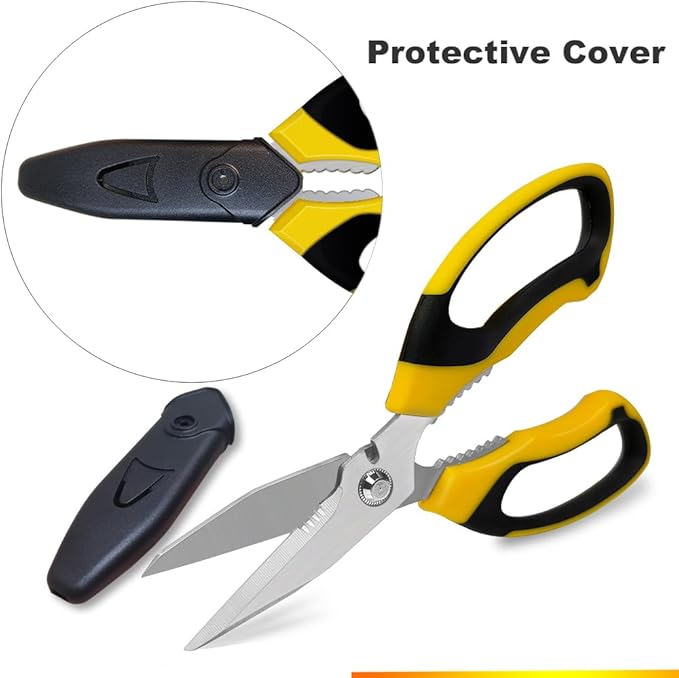 Heavy Duty 8'' Multipurpose Scissors with Protective Cover, Stainless Steel Serrated Blades, Easy Cutting Cardboard, Leather, Fabric, Wires, Nutcracker, Yellow