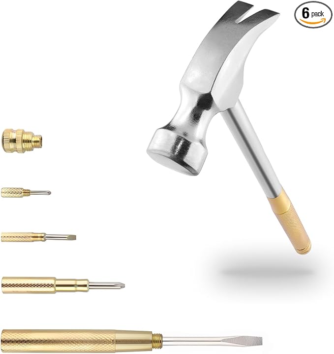 Small Metal Hammer 6 in 1 with Slotted/Flat Head Phillips Screwdriver Claw Hammer Manual, Portable Multifunction Tool Hammer (Gold Silver)
