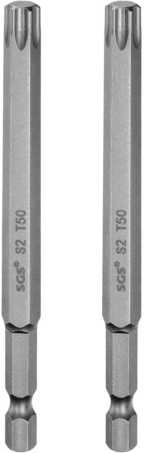 HARFINGTON 2pcs T50 Torx Head Screwdriver Bit 1/4" Hex Shank 4" (100mm) Long Magnetic No Hole Tip Tamper Proof 6 Point Star Screw Driver Drill Bits S2 Steel Industrial Power Screwdrivers