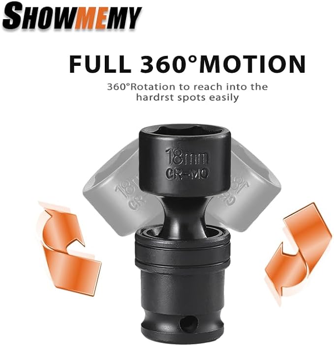 Drive Impact Universal Joint Socket Set, 6 Points, Shallow Swivel Socket Set, Cr-Mo Steel. Heavy Duty Storage Case (Metric 3/8", Metric 3/8")
