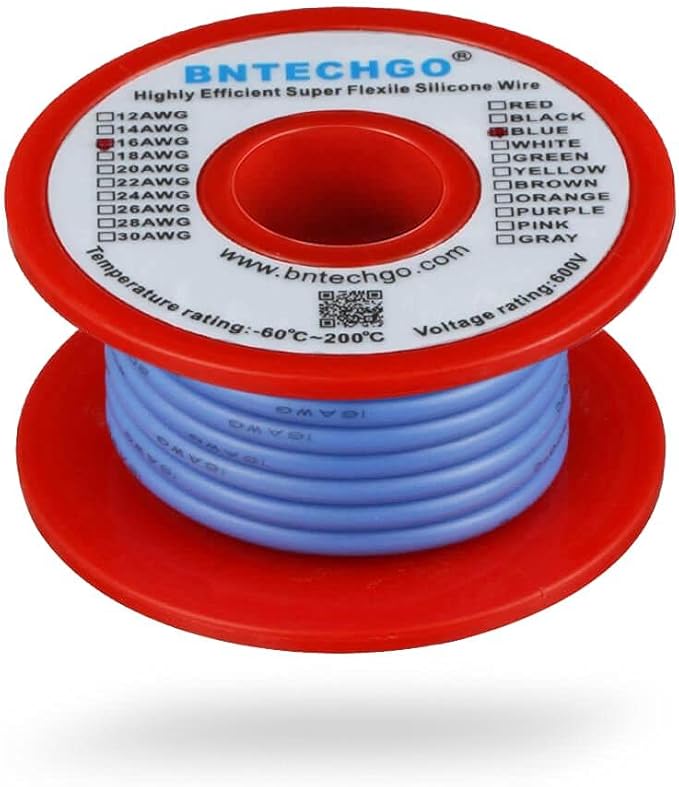 BNTECHGO 16 Gauge Silicone Wire Spool 25 ft Blue Flexible 16 AWG Stranded Tinned Copper Wire