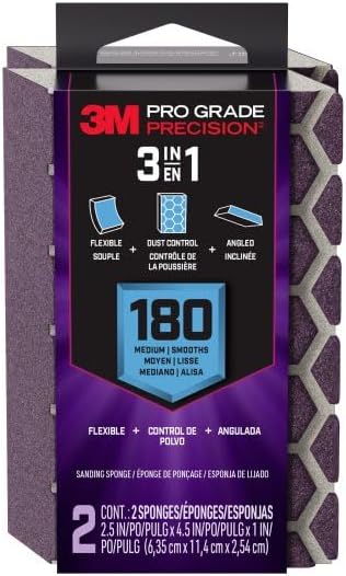 3M Pro Grade Precision 3-in-1 Sanding Sponge, 180 Grit Medium, 2 Sponges, Washable & Reusable, for Wood, Metal, Drywall, and Paint Prep ??Flexible Foam, Contoured, Angled, Flat
