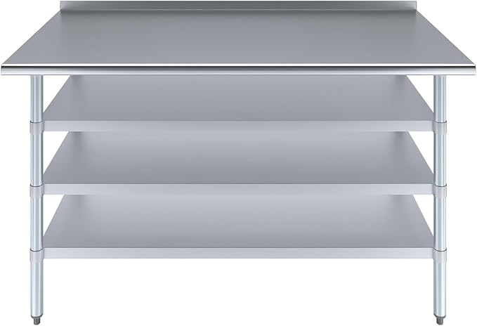 Stainless Steel Work Table with 1.5" Backsplash and 3 Shelves | Metal Kitchen Food Prep Table | NSF Certified (60" Long x 30" Deep)