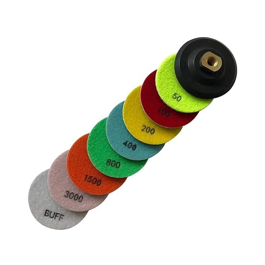 4" Wet Stone Polishing Pads Set (50, 100, 200, 400, 800, 1500, 3000 Grit, Buffer, Rubber Backer) - White Resin for Granite, Marble, Quartz, Engineered Stone