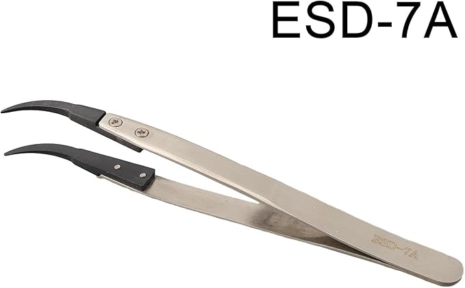 Precision Anti-Static ESD Tweezers for Electronics Repair, Industrial Metal Tweezers for Circuit Board, Mobile Phone, and Clock Maintenance, Silver Black Color(ESD-7A)