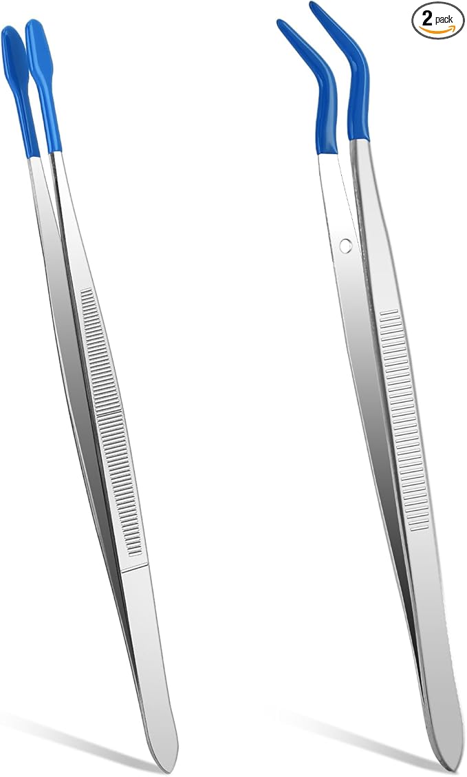 Rubber Tipped Tweezers, 2 Pcs PVC Coated Craft Tweezers Long Bent and Straight Flat Tip Precision Tweezer Set for Crafts Stamps Coin Beads Jewelry Industrial Electronic Lab (Blue)