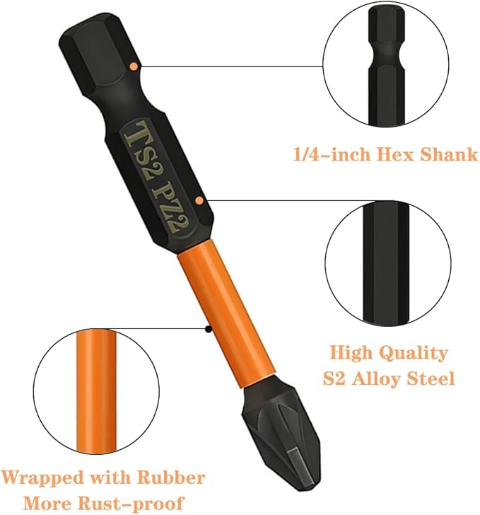 10PCS Magnetic PZ2 Pozi Screwdriver Bit Set Quick Release 1/4 Inch Hex Shank Pozidriv #2 Drill Bits S2 Alloy Steel Impact Driver Bit for Power Drilling (2 Inch Length)