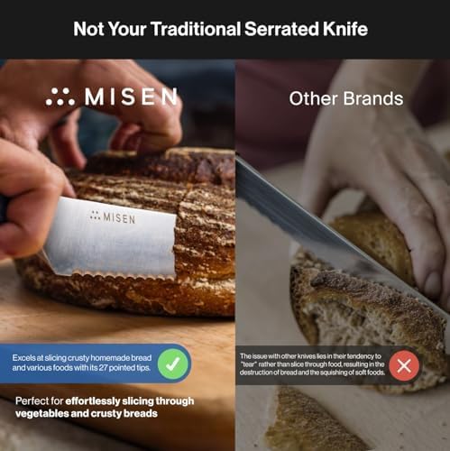 Misen Serrated Bread Knife - High-Carbon Japanese AUS8 Steel - Perfect for Soft Foods, Bread, Pastries, and Fruits - Verstatile Slicer, Razor-Sharp Edge, Durable Blade, Ergonomic Handle - 10", Red