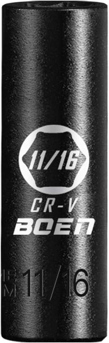 BOEN 1/2" Drive Deep Impact Socket,11/16 Inch Premium Socket,SAE,6 Point,Cr-V Steel with Laser Marking - Strong and Durable